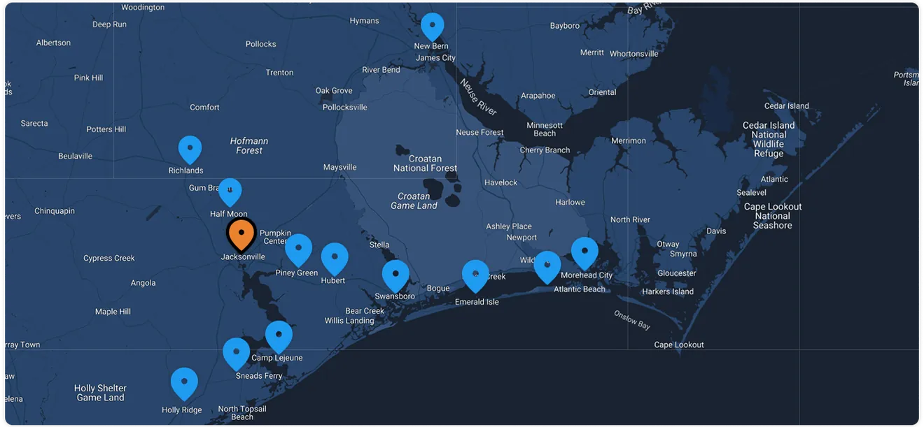 Map of the Elite Home Solutions service area across Jacksonville and coastal North Carolina