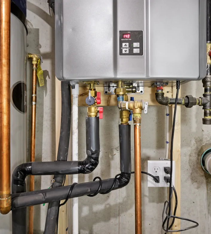 Wall-hung tankless water heater with its supply and gas lines